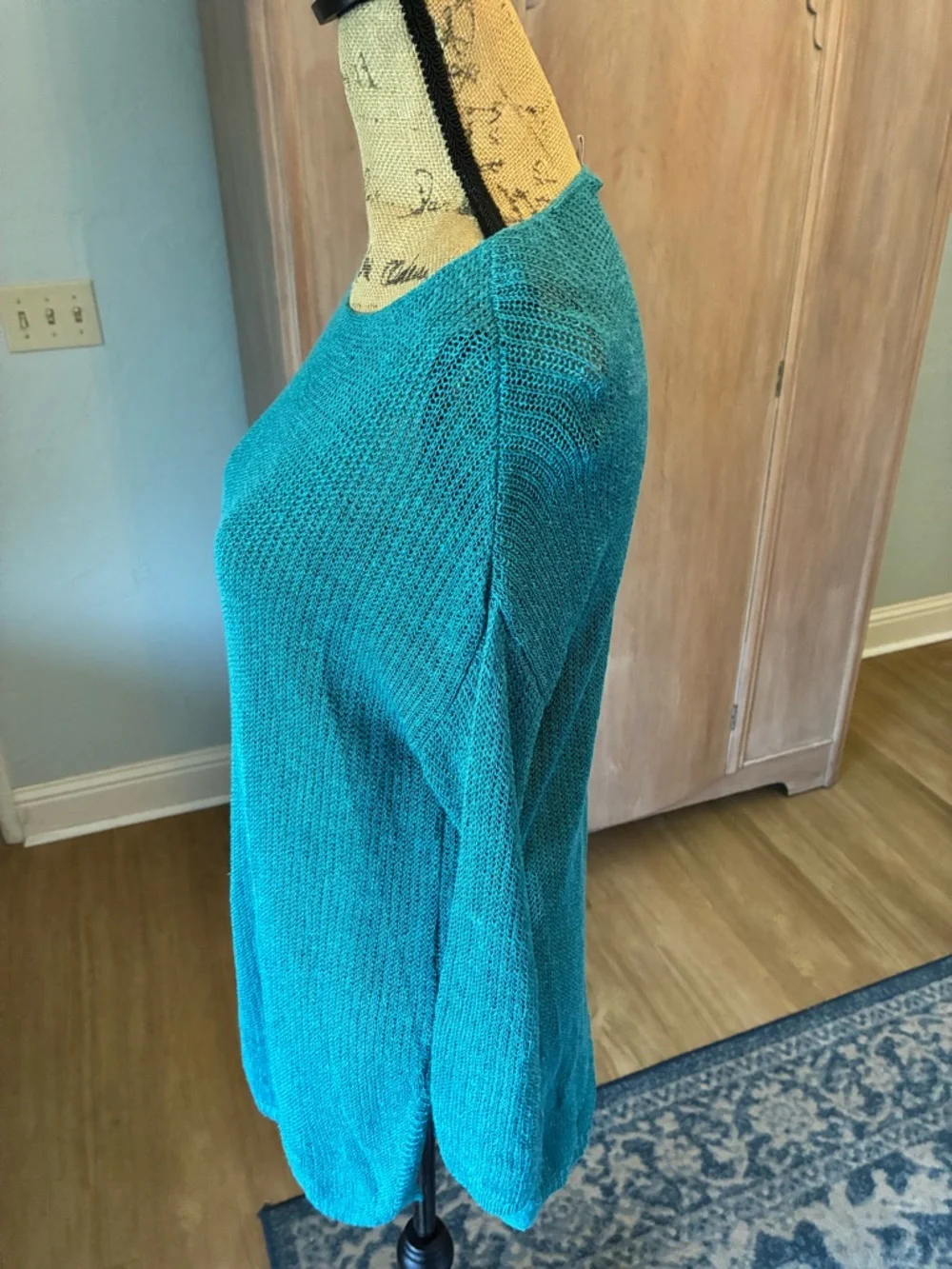 J. Jill Linen Blend Tunic Sweater Aqua Blue Open Knit Beachy Artsy M